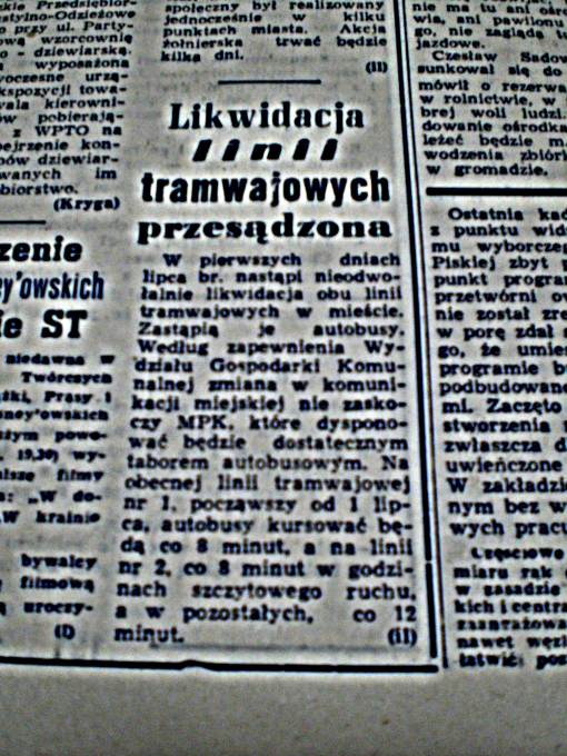 "Likwidacja linii tramwajowych przesądzona" ("Głos Olsztyński", wtorek 11 maja 1965 r., str. 6)