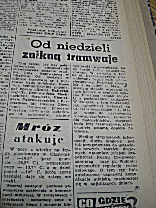 "Od niedzieli znikną tramwaje" ("Głos Olsztyński", piątek 19 listopada 1965 r., str. 5)