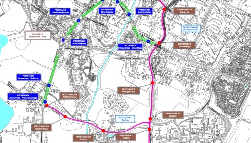 Lokalizacje przystanków tramwajowych (odcinek środkowy)
