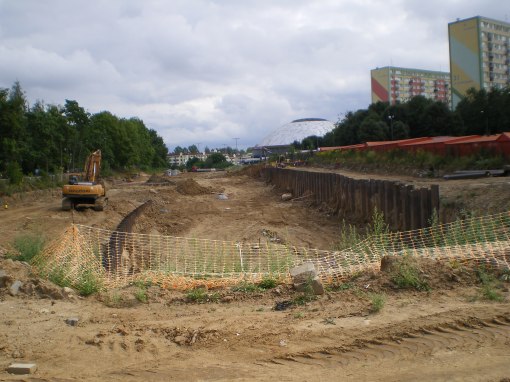 Budowa ulicy Obiegowej przy skrzyżowaniu z Żołnierską (7 sierpnia 2014)