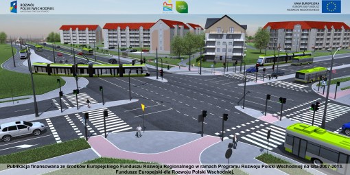 Wizualizacja linii tramwajowej na skrzyżowaniu Płoskiego, Witosa i Bukowskiego