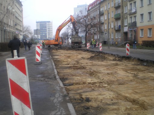 Budowa linii tramwajowej na ulicy Kościuszki (10 grudnia 2014)