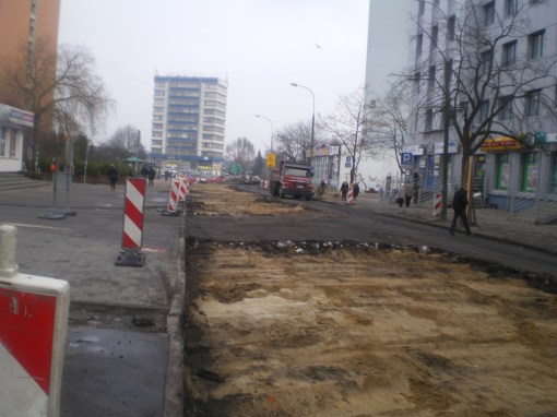 Budowa linii tramwajowej na ulicy Kościuszki (10 grudnia 2014)