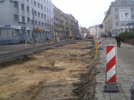 Budowa linii tramwajowej na ulicy Kościuszki (10 grudnia 2014)
