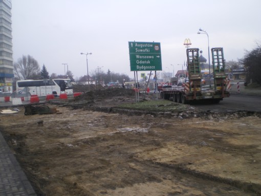 Budowa linii tramwajowej na ulicy Kościuszki (10 grudnia 2014)