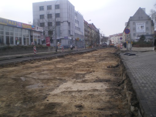 Budowa linii tramwajowej na ulicy Kościuszki (10 grudnia 2014)