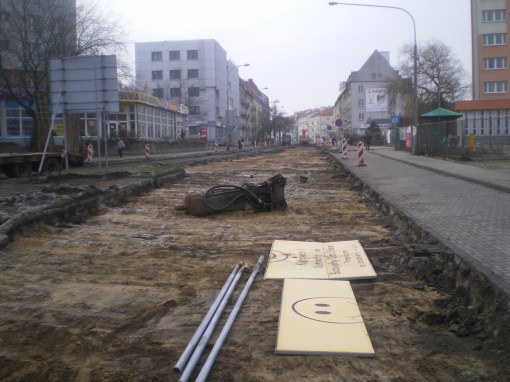 Budowa linii tramwajowej na ulicy Kościuszki (10 grudnia 2014)