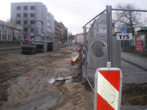 Budowa linii tramwajowej na ulicy Kościuszki (20 grudnia 2014)