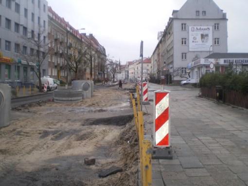 Budowa linii tramwajowej na ulicy Kościuszki (20 grudnia 2014)