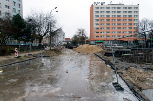 Budowa linii tramwajowej przy ulicy Kościuszki (2 stycznia 2015)