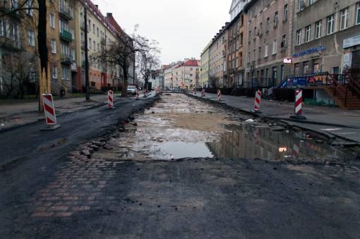 Budowa linii tramwajowej przy ulicy Kościuszki (2 stycznia 2015)