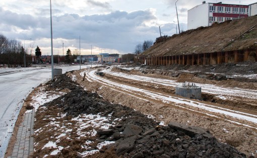 Budowa linii tramwajowej przy ulicy Obiegowej (2 stycznia 2015)