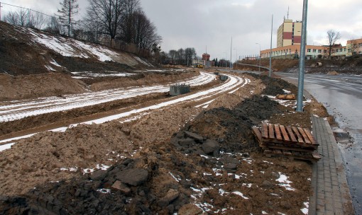 Budowa linii tramwajowej przy ulicy Obiegowej (2 stycznia 2015)