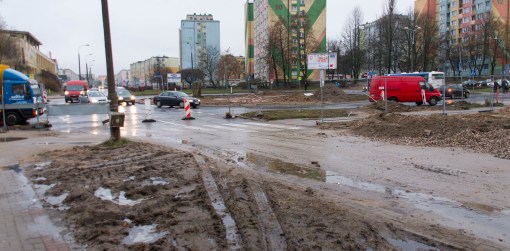 Budowa linii tramwajowej na placu Ofiar Katynia (2 stycznia 2015)