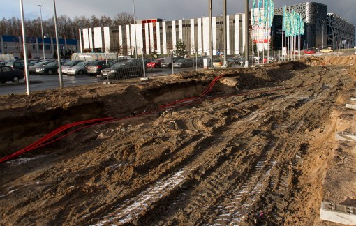 Budowa linii tramwajowej przy alei Sikorskiego (2 stycznia 2015)