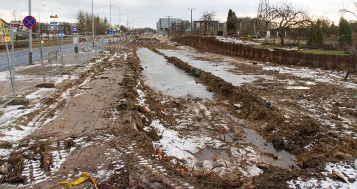 Budowa linii tramwajowej przy alei Sikorskiego (2 stycznia 2015)