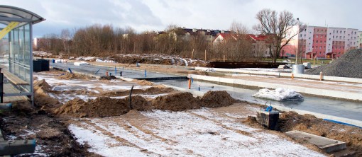 Budowa linii tramwajowej przy ulicy Witosa (2 stycznia 2015)