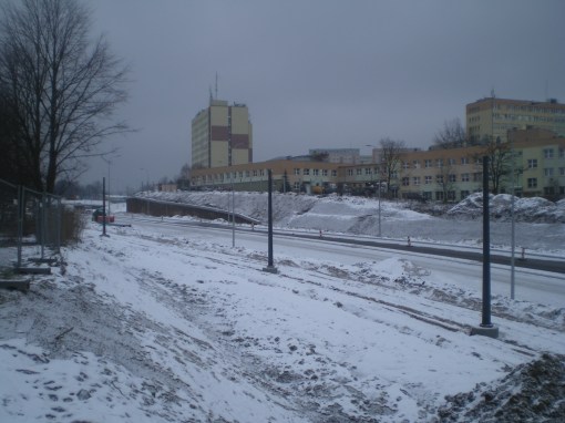 Budowa linii tramwajowej przy ulicy Obiegowej (4 lutego 2015)