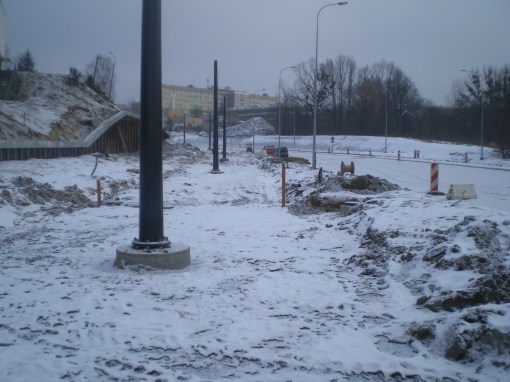 Budowa linii tramwajowej przy ulicy Obiegowej (4 lutego 2015)