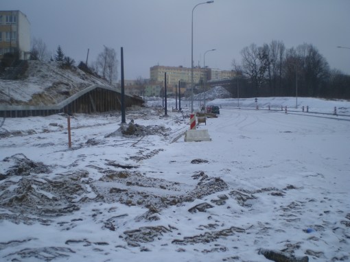 Budowa linii tramwajowej przy ulicy Obiegowej (4 lutego 2015)