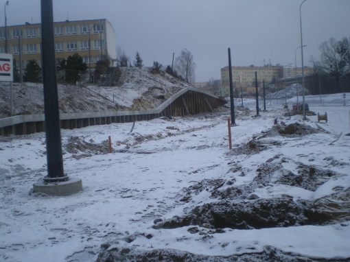 Budowa linii tramwajowej przy ulicy Obiegowej (4 lutego 2015)