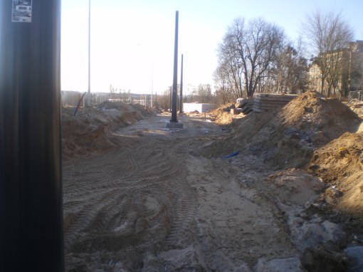 Budowa linii tramwajowej przy ulicy Obiegowej (16 lutego 2015)