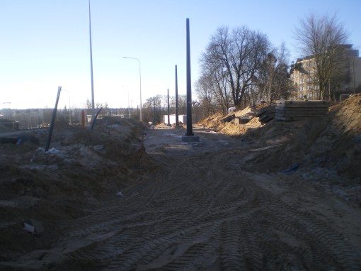 Budowa linii tramwajowej przy ulicy Obiegowej (16 lutego 2015)