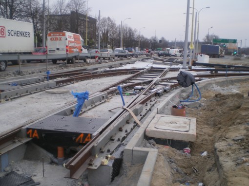 Budowa toru wjazdowego do zajezdni tramwajowej przy ulicy Towarowej (20 marca 2015)