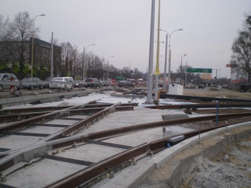 Budowa toru wjazdowego do zajezdni tramwajowej przy ulicy Towarowej (20 marca 2015)
