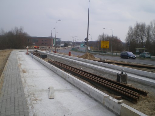 Budowa linii tramwajowej przy ulicy Tuwima (21 marca 2015) - przystanek końcowy przy skrzyżowaniu z aleją Warszawską i ulicą Prawocheńskiego