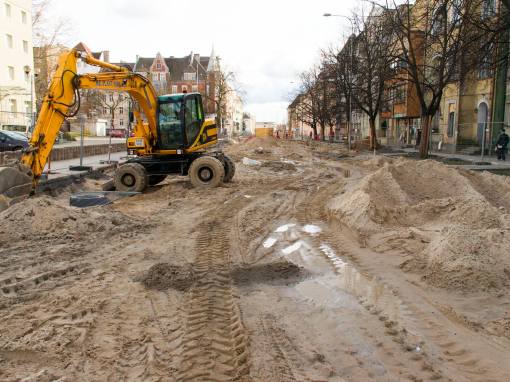Budowa linii tramwajowej w ulicy Kościuszki (3 kwietnia 2015)