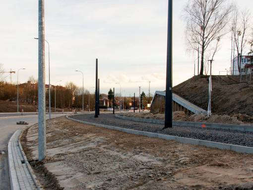 Budowa linii tramwajowej przy ulicy Obiegowej (3 kwietnia 2015)