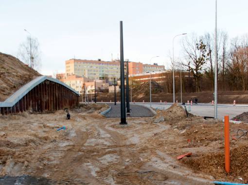 Budowa linii tramwajowej przy ulicy Obiegowej (3 kwietnia 2015)