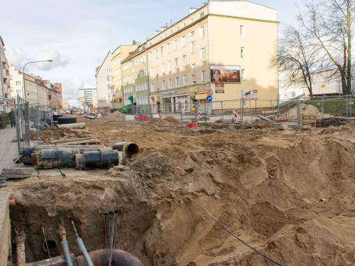 Budowa linii tramwajowej w ulicy Kościuszki (3 kwietnia 2015)
