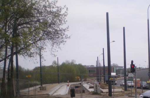 Budowa linii tramwajowej przy ulicy Tuwima (28 kwietnia 2015) - przystanek końcowy przy skrzyżowaniu z aleją Warszawską i ulicą Prawocheńskiego