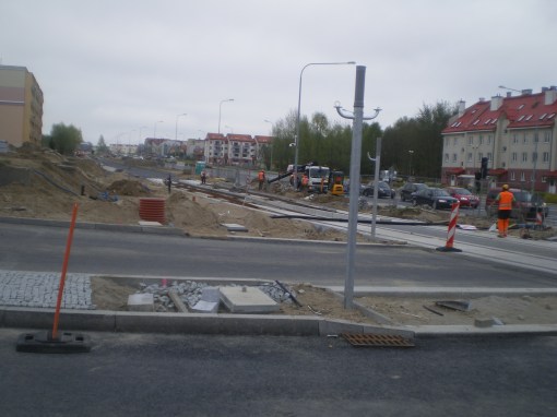 Budowa linii tramwajowej na skrzyżowaniu ulic Witosa, Janowicza i Laszki (28 kwietnia 2015)