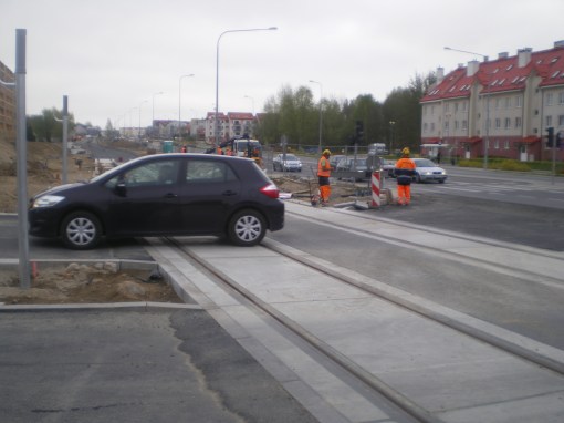 Budowa linii tramwajowej na skrzyżowaniu ulic Witosa, Janowicza i Laszki (28 kwietnia 2015)