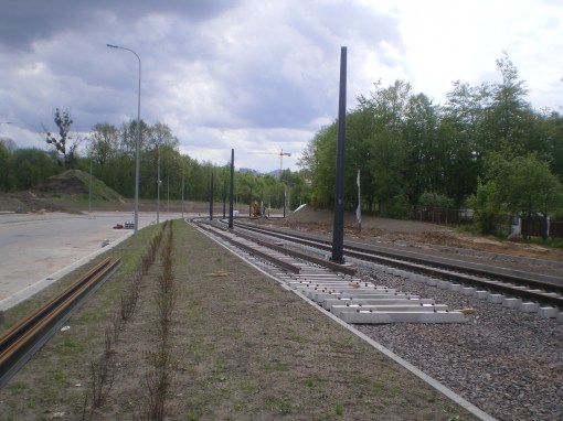Budowa linii tramwajowej przy ulicy Obiegowej (10 maja 2015)