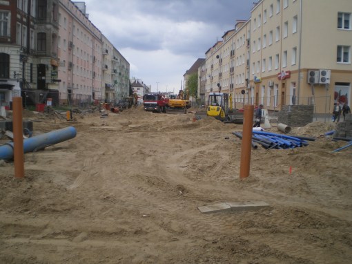 Budowa linii tramwajowej w ulicy Kościuszki (10 maja 2015) - skrzyżowanie z ulicą Mickiewicza