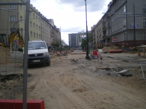 Budowa linii tramwajowej w ulicy Kościuszki (10 maja 2015) - skrzyżowanie z ulicą Kętrzyńskiego