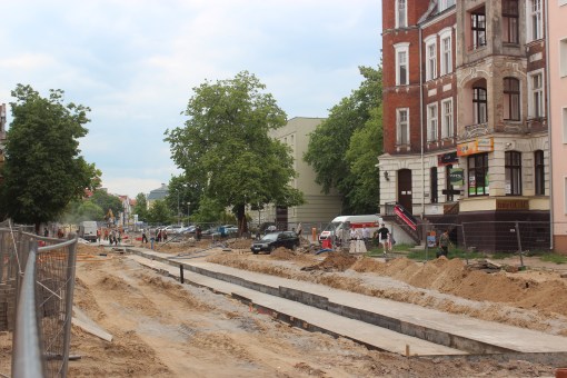 Budowa linii tramwajowej w ulicy Kościuszki (1 czerwca 2015)