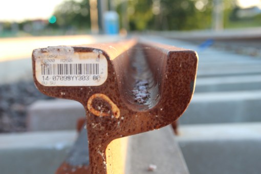 Szyna tramwajowa torowiska przy ulicy Tuwima (15 czerwca 2015)