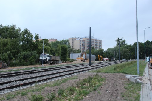 Budowa linii tramwajowej przy ulicy Obiegowej (18 czerwca 2015)