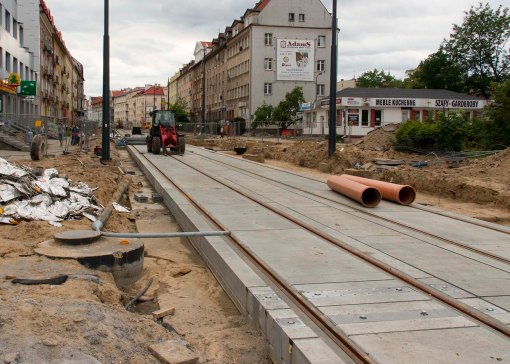 Budowa linii tramwajowej w ulicy Kościuszki (12 lipca 2015)