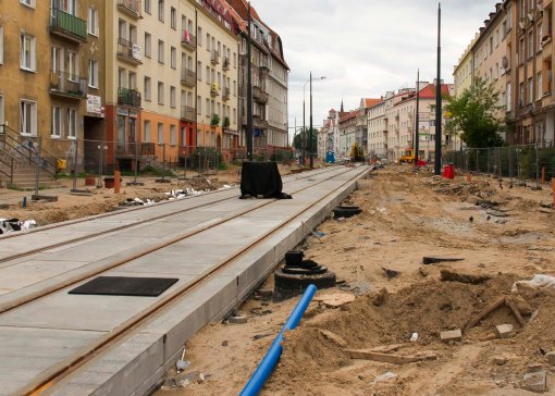 Budowa linii tramwajowej w ulicy Kościuszki (12 lipca 2015)