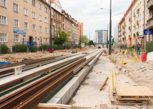 Budowa linii tramwajowej w ulicy Kościuszki (12 lipca 2015)