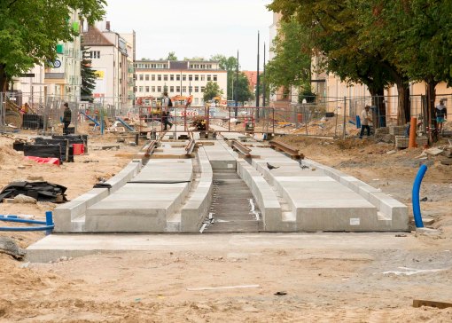 Budowa linii tramwajowej w ulicy Kościuszki (12 lipca 2015)