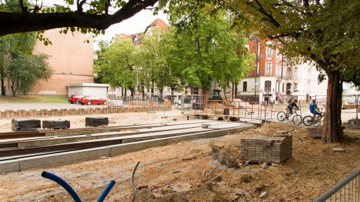 Budowa linii tramwajowej w ulicy Kościuszki (12 lipca 2015)