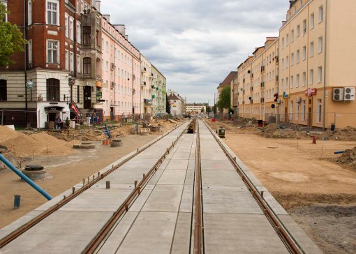 Budowa linii tramwajowej w ulicy Kościuszki (12 lipca 2015)