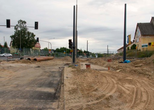 Budowa linii tramwajowej przy ulicy Tuwima (12 lipca 2015) - skrzyżowanie z ulicami Nowaka i Wawrzyczka